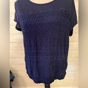 Cato Navy Boat necked T-shirt with lace overlay on front, short sleeves, size XL